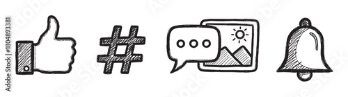 A set of hand-drawn social media icons including a like, hashtag, comment, and notification bell, illustrated in a black and white sketchy doodle style for online communication