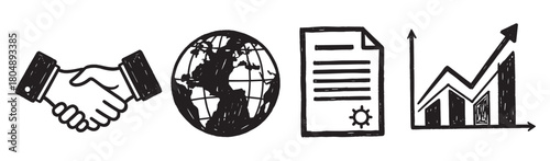 A series of four hand-drawn black and white icons: a handshake, a globe, a document with a gear, and an upward trending bar chart, representing global business, contracts, and financial growth