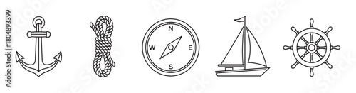 A collection of five distinct black outline nautical icons, including an anchor, coiled rope, compass, sailboat, and ship's wheel, presented in a clean, illustrative style