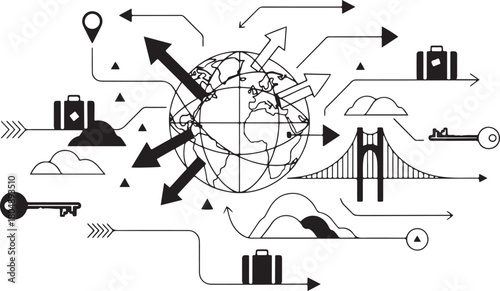 World Travel and Business Concepts with Arrows and Bridges Keywords: globe, world, earth, travel