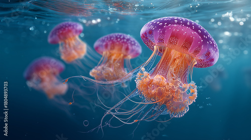 Glowing jellyfishes gracefully swimming underwater in dark blue waters.