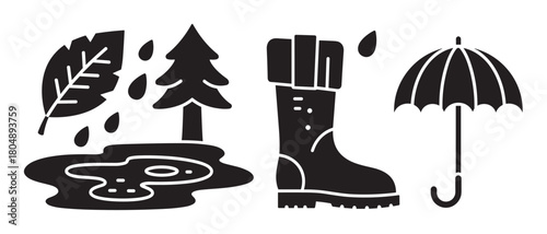 A collection of black silhouette icons representing autumn weather, featuring a falling leaf, raindrops, a puddle, a pine tree, a rubber boot, and an open umbrella
