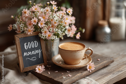 Frothy cup of coffee on rustic wooden board and saucer, beside a small chalkboard sign reading 