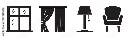 A collection of black silhouette icons representing home furniture and interior decor, featuring a window, curtain, floor lamp, and a classic armchair in a simple graphic style