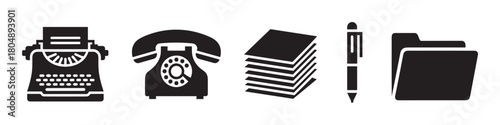 A collection of flat design icons depicting old-fashioned office supplies: a classic typewriter, a rotary dial telephone, a pile of paper, a simple pen, and a document folder