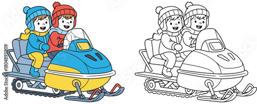 Coloring book for kids, vector illustration of two happy children riding a snowmobile in winter with color reference and black and white outline