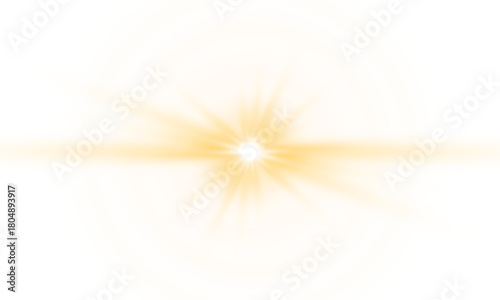 Glowing golden sunburst with sunlight radiant sparkling sun beam and sunrays, soft sunrise shine bright beams lens flare ray ethereal illumination effect on transparent png background