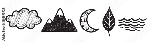 A collection of hand-drawn nature icons in a black and white sketchy style, featuring a cloud, mountain range, crescent moon, simple leaf, and stylized water waves