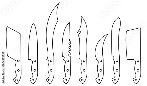 Vector of kitchen knife line and flat silhouette. Meat cutting knives collection. Kitchen knife icon Vector illustration