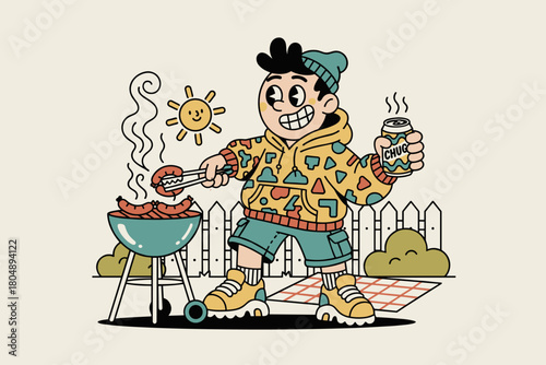 Man grilling food and holding a drink at a picnic.