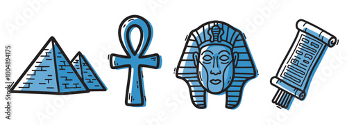 A collection of ancient Egyptian cultural symbols including two pyramids, an ankh, a pharaoh's mask, and a papyrus scroll, rendered in a charming hand-drawn doodle style with blue accents