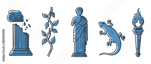 A collection of blue illustrations depicting ancient symbols, including a broken column, a leafy vine, a classical statue, a lizard, and a flaming torch in a simple line art style