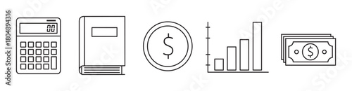 Minimalist vector icon set for business and finance concepts, showing a calculator, accounting book, money coin, rising bar graph, and paper currency in a clean line art style