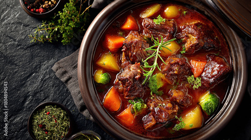 Delicious and hearty stew of meat with assorted vegetables, perfectly served in a beautiful bowl