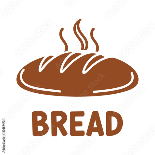 Brown loaf of bread with steam rising above and the word B R E A D below food baked