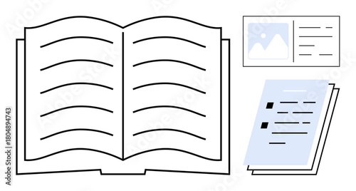 Open book with visible text lines, stacked documents with bullet points, and an ID card. Ideal for education, research, data management, identity, literacy communication documentation. Simple flat