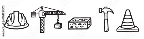 Set of building and engineering equipment doodles featuring a safety helmet, tower crane, porous brick, claw hammer, and road cone illustrated with a rough ink outline