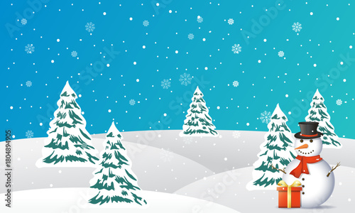 A serene winter landscape unfolds with a charming snowman and snow-covered trees, embodying the peaceful allure of the holiday season and joyful festive celebrations