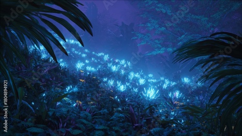 Luminous flora in mystical night jungle. AI generated