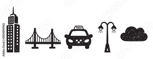 A charming collection of hand-drawn urban icons, including a skyscraper, bridge, taxi, street lamp, and cloud, all rendered in a simple, sketchy monochrome style