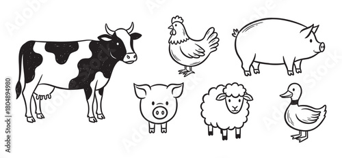 A charming collection of hand-drawn farm animal illustrations, including a cow, pig, sheep, chicken, and duck, rendered in a simple black and white doodle line art style