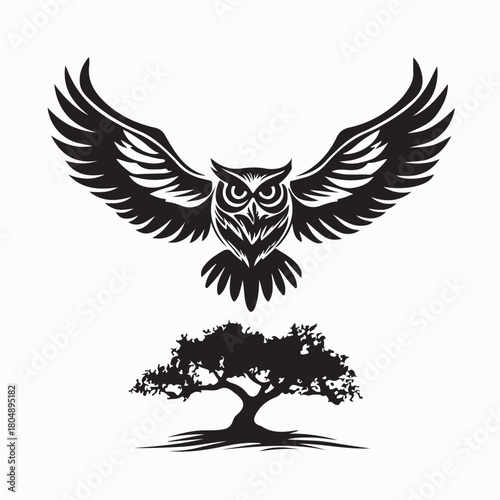 Owl Taking Off from Large Tree with Wings Spread vector isolated on white background
