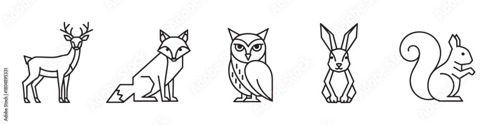 Fototapeta A collection of five minimalist line art illustrations depicting various forest animals including a deer, fox, owl, rabbit, and squirrel, rendered with clean geometric shapes and thick black outlines