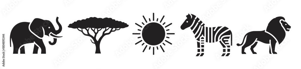 Fototapeta premium A set of black silhouette icons representing safari wildlife and nature, including an elephant, acacia tree, sun, zebra, and lion, in a clean graphic style