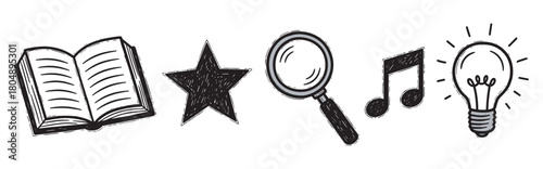 A collection of hand-drawn doodle icons including a book, star, magnifying glass, musical note, and light bulb representing knowledge, rating, search, music, and ideas