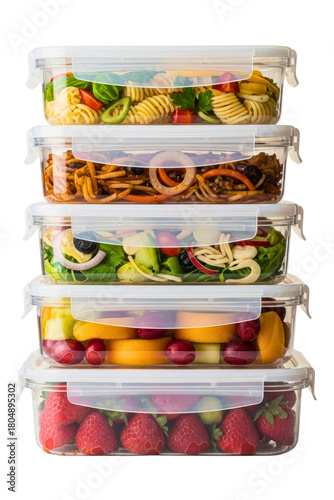 Stack of meal prep containers with fresh salads, fruits, and pasta isolated on transparent background