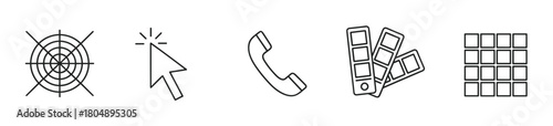 Minimalist vector icon collection featuring a target symbol, click pointer, telephone handset, color swatch guide, and gallery grid for digital and creative projects