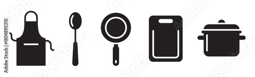 A minimalist set of black kitchenware icons featuring an apron, spoon, frying pan, cutting board, and cooking pot, representing culinary tools and food preparation