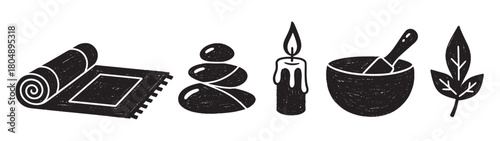 A collection of hand-drawn wellness and spa icons featuring a yoga mat, stacked stones, a candle, a mortar and pestle, and a leaf in a textured black doodle style