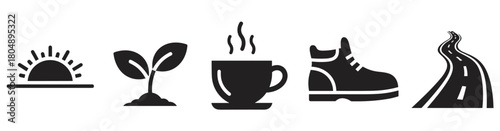 A conceptual set of black silhouette icons in a row depicting a journey or new beginning with a sunrise, a growing sprout, a steaming coffee cup, a boot, and a winding road