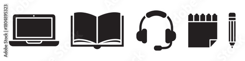 Five black silhouette icons representing modern education and communication tools, including a laptop, an open book, a headset, a notepad, and a pencil, rendered in a minimalist style
