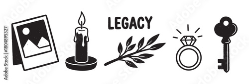A symbolic set of hand-drawn icons representing legacy, featuring a photo frame, candle, branch, diamond ring, and key in a textured black and white linocut illustration style