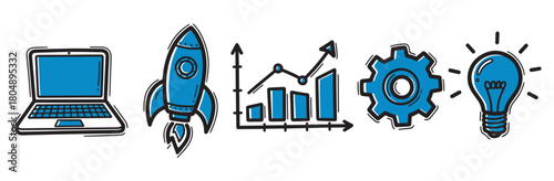 Hand-drawn sketch illustration icon set for business startup concepts, including a laptop, rocket launch, growth chart, gear, and an innovative idea light bulb