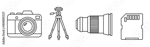 A set of photography equipment icons including a digital camera, tripod, telephoto lens, and memory card, presented in a clean, minimalist black and white line art illustration