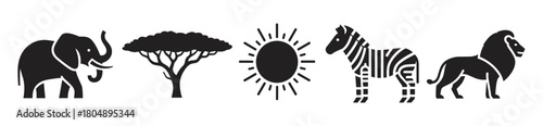 A set of black silhouette icons representing safari wildlife and nature, including an elephant, acacia tree, sun, zebra, and lion, in a clean graphic style
