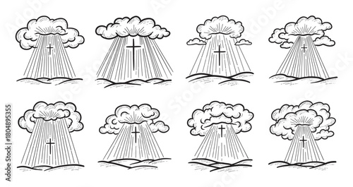 A collection of hand-drawn Christian crosses with divine light rays shining down from clouds, illustrating faith, hope, and spirituality in a simple black and white sketch style