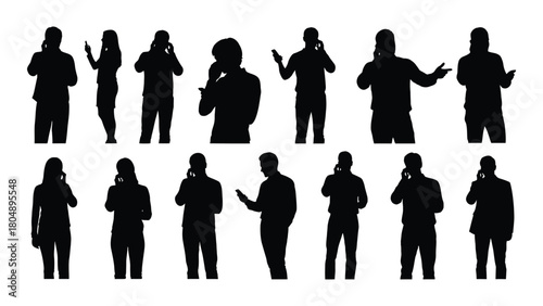 People communicating with mobile phones silhouette set isolated on white background, Vector