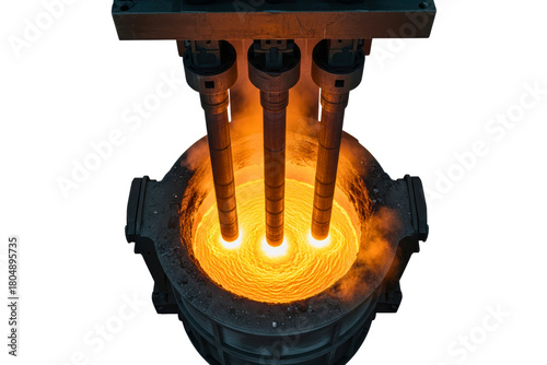 Electric arc furnace melts metal with graphite electrodes isolated on transparent background