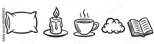 A set of black and white hand-drawn icons representing comfort and relaxation, including a pillow, lit candle, steaming mug, dream cloud, and an open book in a simple doodle style