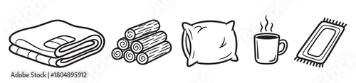 A charming collection of black and white line art icons illustrating cozy home essentials, including a folded blanket, stacked firewood, a soft pillow, a steaming mug, and a fringed rug