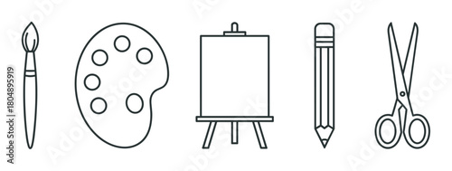 A collection of essential art and craft supplies, including a paintbrush, paint palette, easel with canvas, pencil, and scissors, rendered in a clean, minimalist outline style