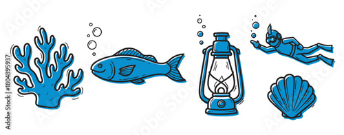 A collection of hand-drawn blue and black illustrations featuring a scuba diver, fish, coral, seashell, and a vintage lantern, representing underwater exploration and marine life