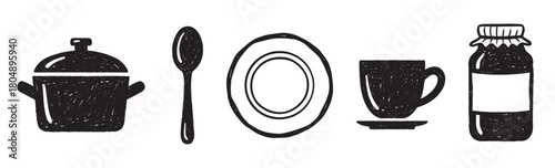 A charming set of hand-drawn kitchenware icons, including a cooking pot, spoon, plate, cup, and jar, rendered in a simple black textured doodle style for a rustic feel