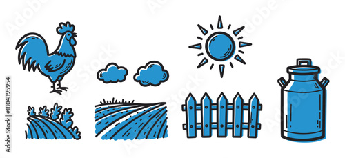 A collection of blue and black hand-drawn farm icons, including a rooster, sun, clouds, agricultural field, vegetable patch, picket fence, and a traditional milk can