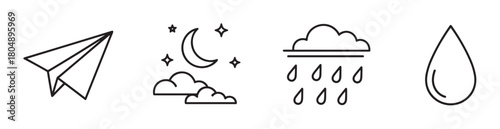 A minimalist vector icon set featuring a paper airplane, a starry night with a crescent moon, a cloud with falling rain, and a simple water drop illustration