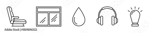A set of minimalist black line icons representing travel and comfort, including a passenger seat, window, water drop, headphones, and an illuminated light bulb symbol